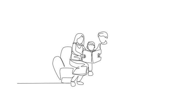 Animated self drawing of single continuous line draw young mom and dad sitting on sofa and reading a story book to their son at home. Happy family parenting concept. Full length one line animation.