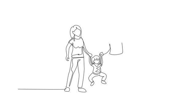 Animated self drawing of one continuous line draw young happy mother and father playing with their daughter, lifting and swinging at home. Family parenting concept. Full length single line animation.