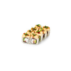 set baked sushi rolls salmon white background isolated 