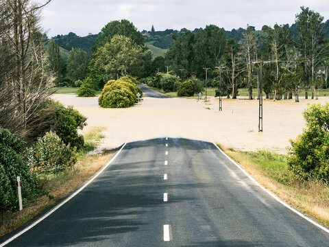 Flooded rural road during cyclone Gabrielle