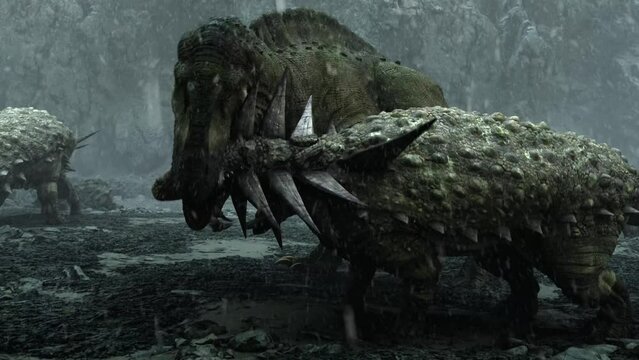 3D render animation of dinosaurs attacking Ankylosaurus dinosaurs in prehistoric setting, VFX visual effects.