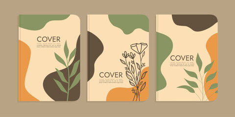 set of book cover designs with hand drawn floral decorations. abstract boho botanical background A4 size For book, binder, diary, planner, brochure, notebook, catalog