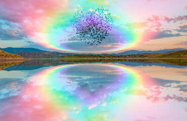 Silhouette of birds flying over calm lake - Beautiful calm lake landscape with amazing rounded rainbow at amazing sunset