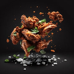 Spicy Chicken Wings Soaring Against a Black Background With Generative ai