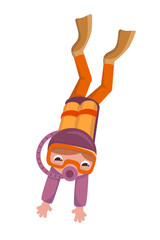 Scuba Diver with mask and snorkel and oxygen tanks in suit. Cartoon illustration. Vector image, isolated icon on white background for scene design, games, posters. 