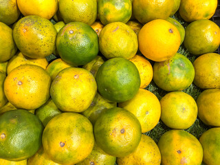 Orange fruit on the market, close up view of orange fruits.