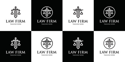 Fototapeta na wymiar Law firm trend line icon vector design template. attorney at law.Universal law, lawyer, justice, creative premium symbol sword column idea scale.