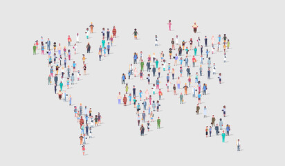 World Population Creative Concept on Global Map. Large Crowd of Different People Standing Together in a Shape of Earth. Global Community, International Populations And Globalization Idea. 