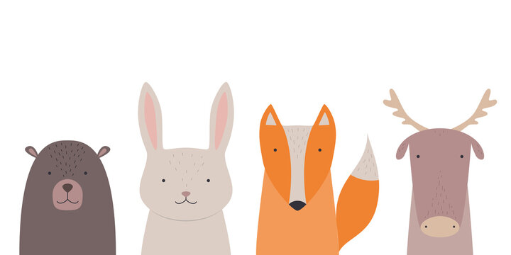 Cute animals set -  fox, hare, elk, bear. Illustration on transparent background