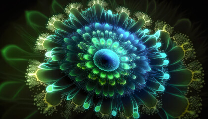 Sacred geometry glowing flower fractal with particles and light. Generative AI