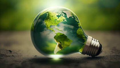 The green world map is on a light bulb that represents green energy Renewable energy that is important to the world, Renewable Energy.Environmental protection, renewable, sustainable energy sources.