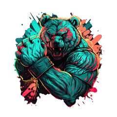 Epic, Unique, and Artistic Bear Animal Moscot Sports Team Logo T-Shirt Graphic Design in Tattoo Style with Neon Colors Isolated on Transparent Background PNG generative AI