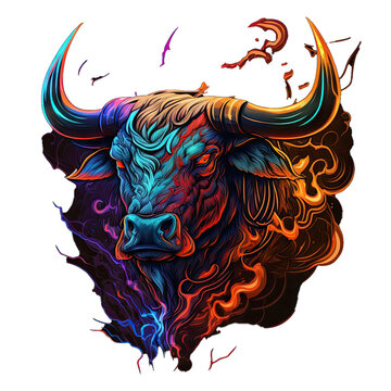 Epic, Unique, and Artistic Bull Animal Moscot Sports Team Logo T-Shirt Graphic Design in Tattoo Style with Neon Colors Isolated on Transparent Background PNG generative AI