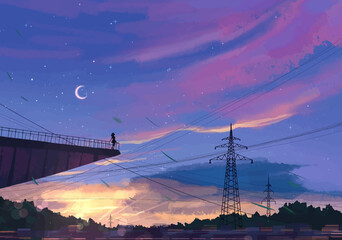 Under the Moon's Spell: Girl Stands on rooftop, Gazing at the Beautiful Night Sky with Electric Pillar in the Background