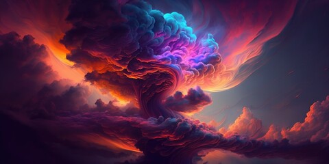 Intense apocalyptic clouds from chemical burning toxic materials, catastrophic deadly fumes creating swirling vortex of blue, purple red colored smoke - generative AI.
