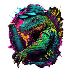 Epic, Unique, and Artistic Monitor Lizard Animal Moscot Sports Team Logo T-Shirt Graphic Design in Tattoo Style with Neon Colors Isolated on Transparent Background PNG generative AI