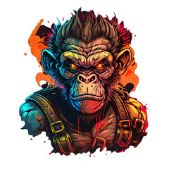 Epic, Unique, and Artistic Monkey Animal Moscot Sports Team Logo T-Shirt Graphic Design in Tattoo Style with Neon Colors Isolated on Transparent Background PNG generative AI