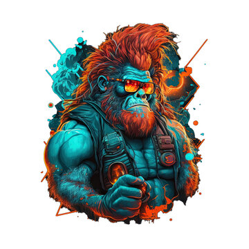 Epic, Unique, and Artistic Orangutan Animal Moscot Sports Team Logo T-Shirt Graphic Design in Tattoo Style with Neon Colors Isolated on Transparent Background PNG generative AI