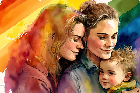 Watercolor illustration about LGBTQ celebration equal love on Valentine's day. Happy couples celebrating pride month with loveable kid and rainbow color palette. Generative  AI.