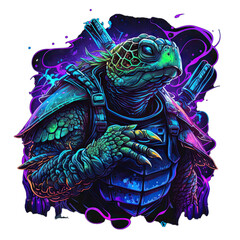 Epic, Unique, and Artistic sea turtle Animal Moscot Sports Team Logo T-Shirt Graphic Design in Tattoo Style with Neon Colors Isolated on Transparent Background PNG generative AI