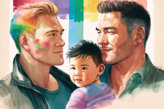 Watercolor illustration about LGBTQ celebration equal love on Valentine's day. Happy couples celebrating pride month with loveable kid and rainbow color palette. Generative  AI.