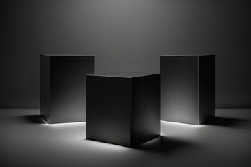 Elegant three black cube stand for product placement mockup. Dark podium exhibition scene background. Minimal box platform showroom with spot light Generative AI - obrazy, fototapety, plakaty