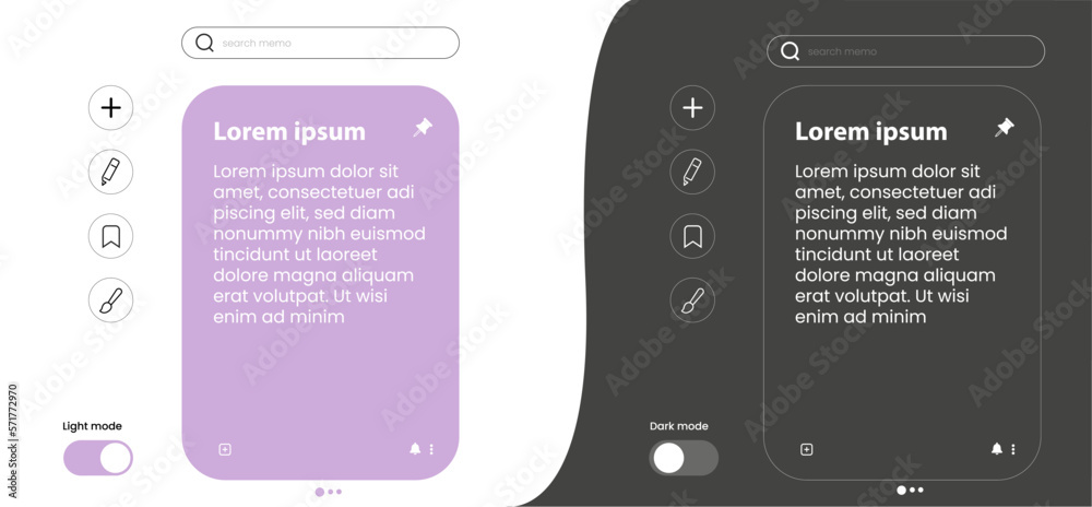 Wall mural interface design for mobile device memo app display with bright mode and dark mode