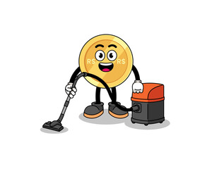 Character mascot of brazilian real holding vacuum cleaner