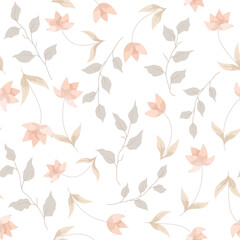 Seamless fresh floral pattern with pastel color flowers and tropic leaves on a white background. Vector elegant template for fashion prints. Modern floral background. Wallpaper illustration.