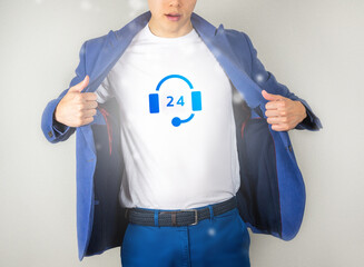 24 hours contact symbol on man shirt with opening suit - 571774702
