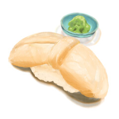scallop sushi served in a Japanese restaurant with wasabi