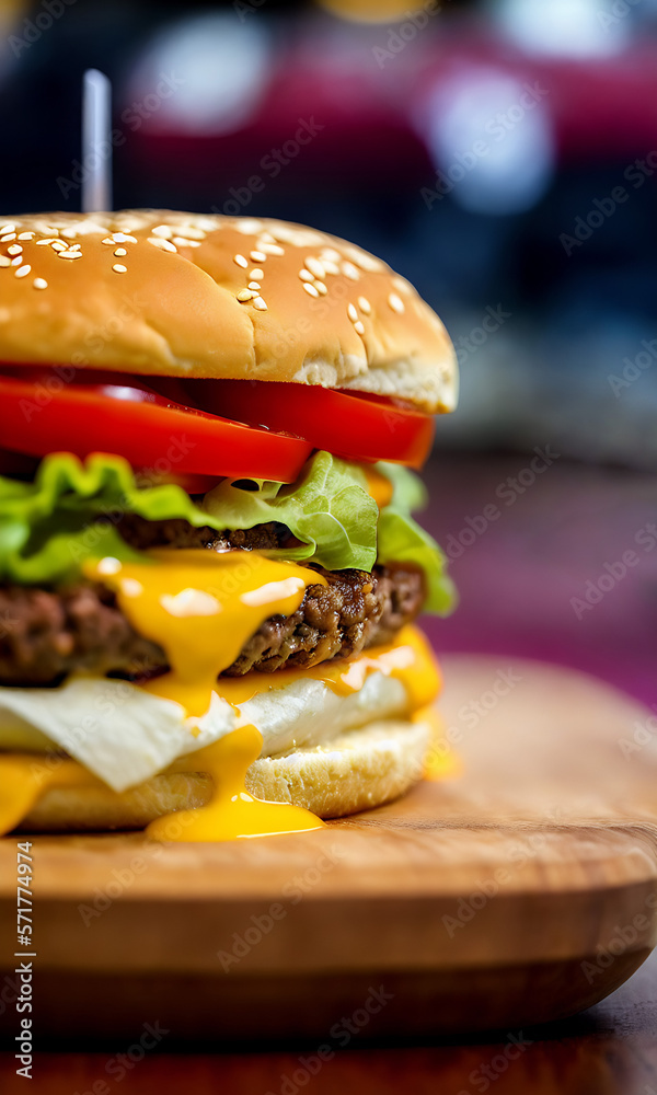 Canvas Prints delicious beef cheese burger consists of bun bread, patty, pickle, onion, mayonaisse, ketchup, chedd