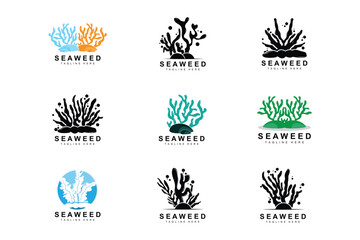 Fototapeta na wymiar Seaweed Logo Design, Underwater Plant Illustration, Cosmetics And Food Ingredients