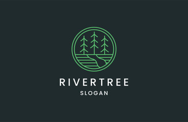 River Tree Logo circle shape design vector template icon line art