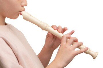 Recorder instrument. Soprano recorder, German fingering. Flute pipe. Classical music instrument for school student education. Learn melody. Flutist concert. High resolution. Isolated background. © artiom.photo