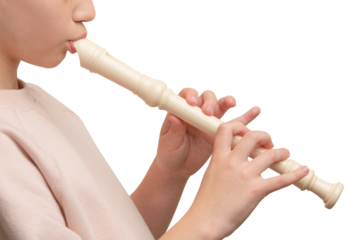 Recorder instrument. Soprano recorder, German fingering. Flute pipe. Classical music instrument for school student education. Learn melody. Flutist concert. High resolution. Isolated background.