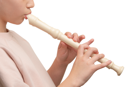 Recorder instrument. Soprano recorder, German fingering. Flute pipe. Classical music instrument for school student education. Learn melody. Flutist concert. High resolution. Isolated background.
