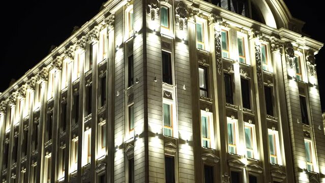 Downtown Baku Azerbaijan at Night. Illumination on Old Historic Building