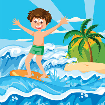 A boy surfing at the beach background