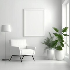 Blank picture frame mockup on white wall.  white living room.  Modern interior style. Made with Generative AI 