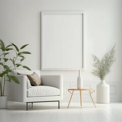 Blank picture frame mockup on white wall.  white living room.  Modern interior style.  3D render, 3D illustration. Made with Generative AI
