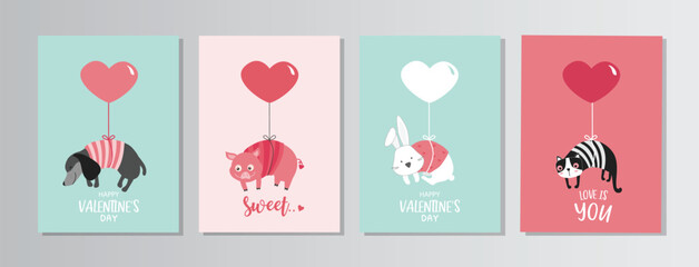 Cute animal with Valentine's day balloon.February 14. Design with cute animal.love, couple, heart, valentine,Vector illustrations.