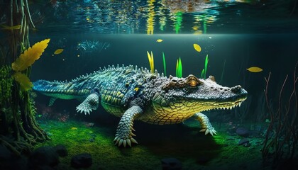 A crocodile in the water with reflections and ripples, and a gator in the wild. Generative Ai.