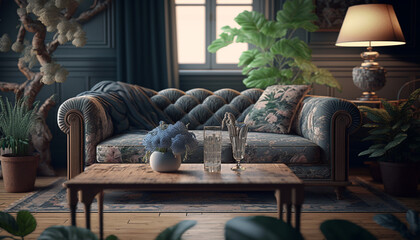 Nature motive living room. Generative AI