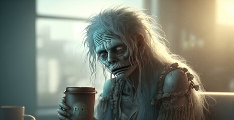 Just woke up. Tired Zombie Person Holding a Cup of Coffee. Feeling sleepy. Unable to function in the morning. 3D Render. Generative AI.