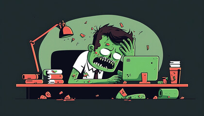 Zombie Office Worker Typing on a Computer Illustration. Working overtime. Burnout. Tired corporate employee. Cartoon. Generative AI.