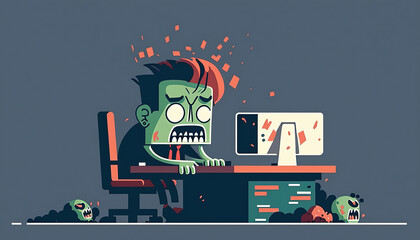 Zombie Office Worker Typing on a Computer Illustration. Working overtime. Burnout. Tired corporate employee. Cartoon. Generative AI.