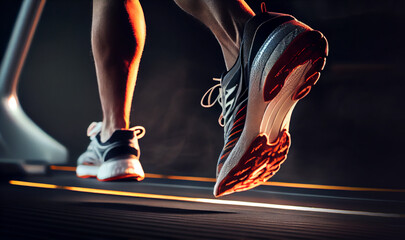 Close up on foot sneakers Fitness man running on track treadmill, Man with muscular legs in exercise gym. Generative AI.