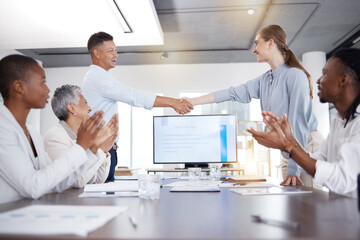 Handshake, congratulations meeting and people success, celebration or applause of career goals, target or sales. Business teamwork, shaking hands and clapping in partnership, promotion or achievement