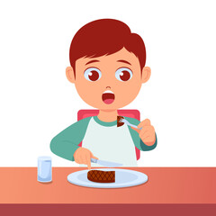Cute boy eating steak, white background